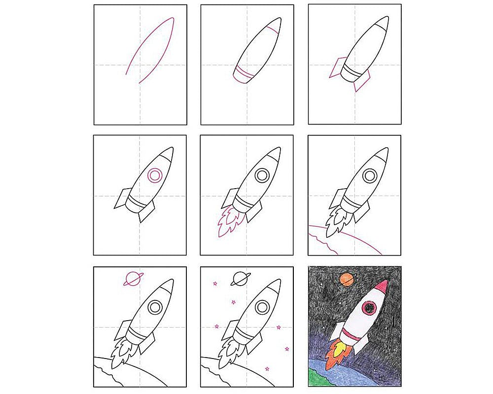 fiche pour apprendre à dessiner : une fusée