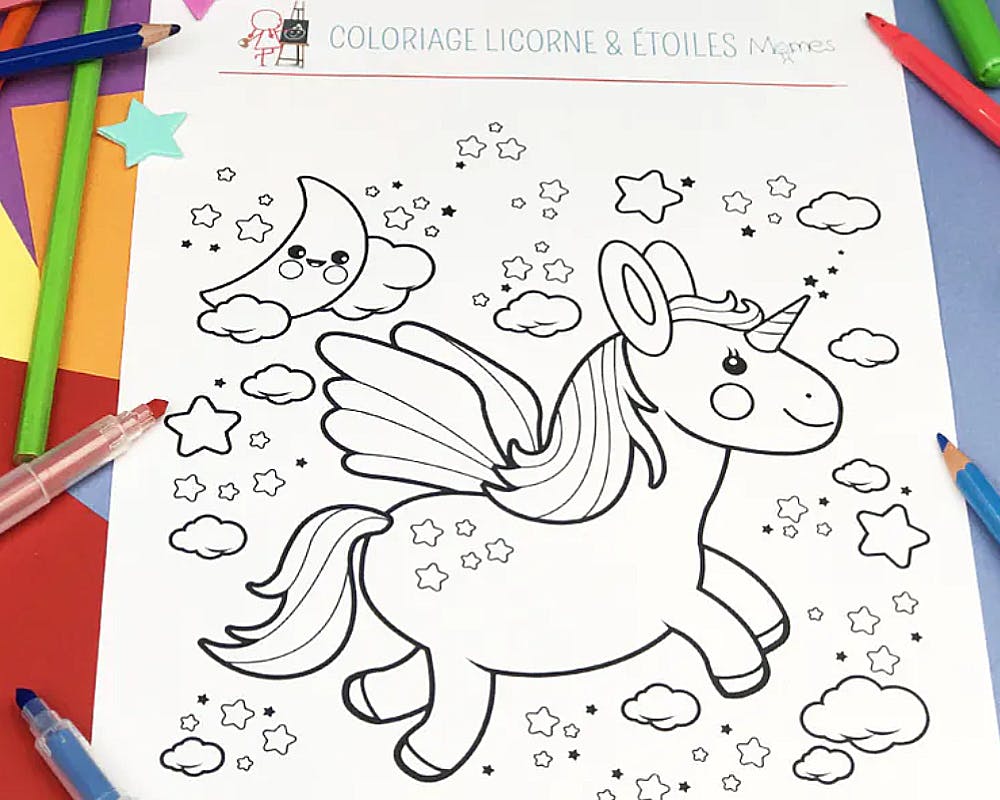 coloriage licornes et étoiles
