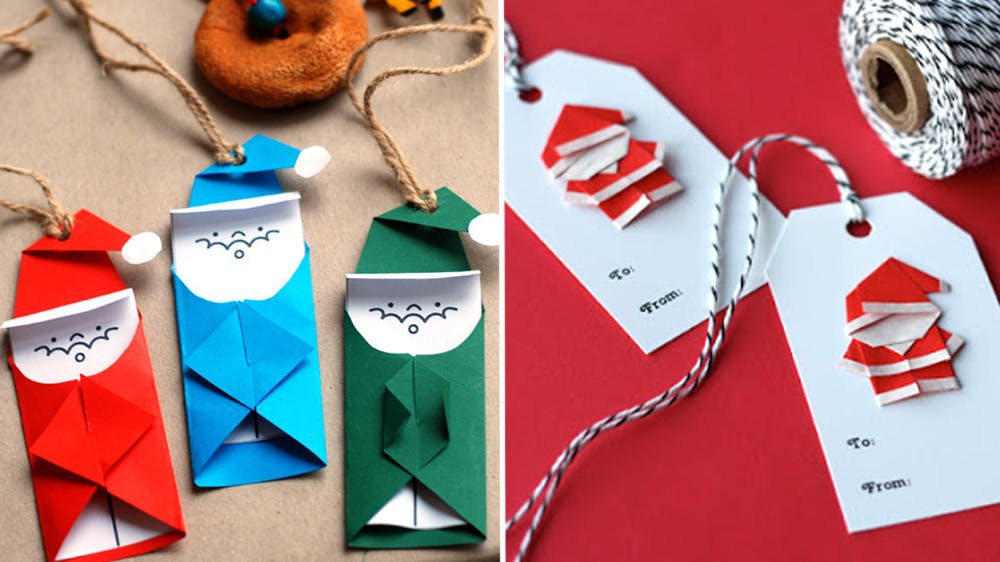 Des étiquettes de cadeaux Pères Noël en origami