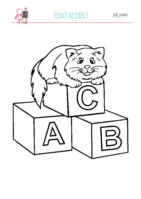 Coloriage chat assis sur des lettres