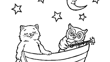 Coloriage chat et chouette au clair de lune