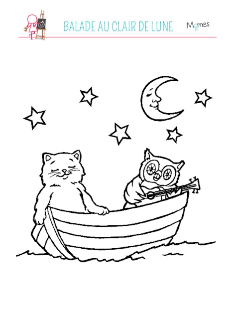 Coloriage chat et chouette au clair de lune
