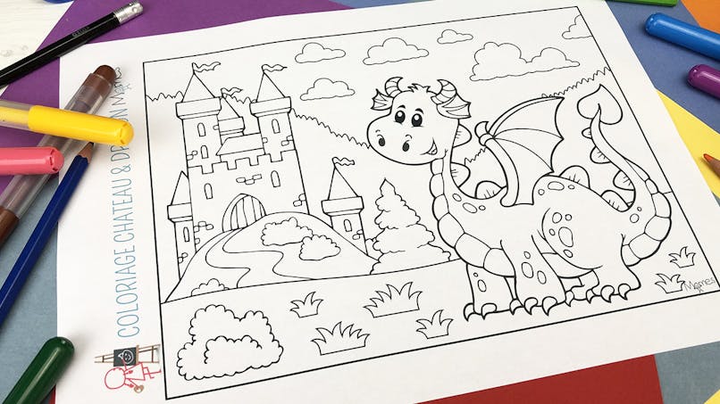 Coloriage Château et Dragon  MOMES.net