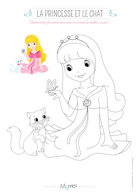 Coloriage la princesse et le petit chat (avec modèle)