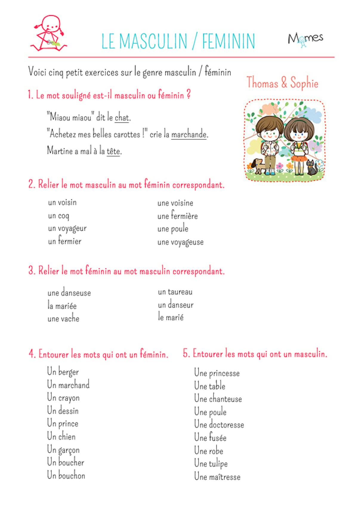 Exercice Genre Et Nombre Ce1 Grammaire : exercice et cours sur les noms féminins et masculins | MOMES