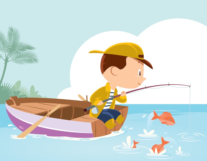Мальчик Рыбак на бревне для детей картинки