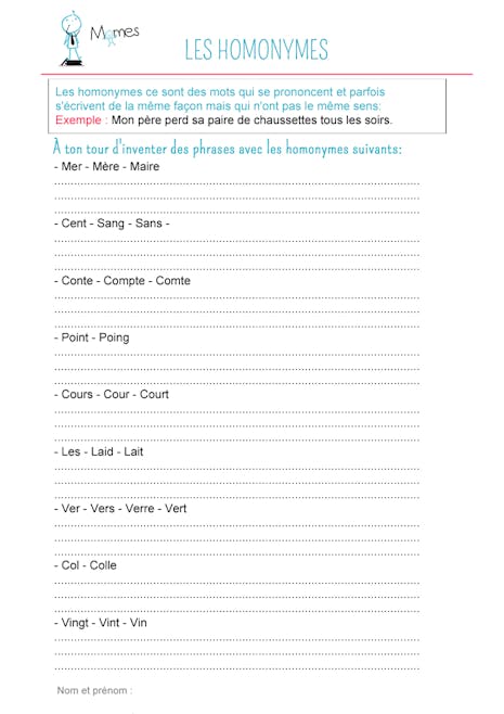 Inventer Des Phrases Avec Des Homonymes Exercice Momes Net