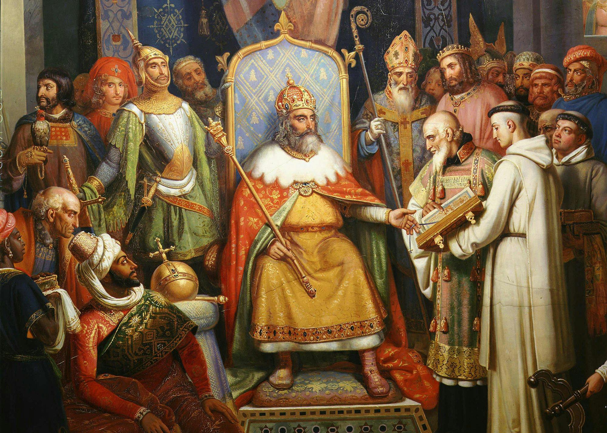 Charlemagne recevant à sa cour le clerc et poète Flaccus Alcuin - Cultea