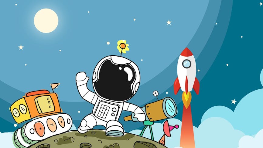 illustration d'un personnage sur la Lune dans l'espace avec sa combinaison d'astronaute