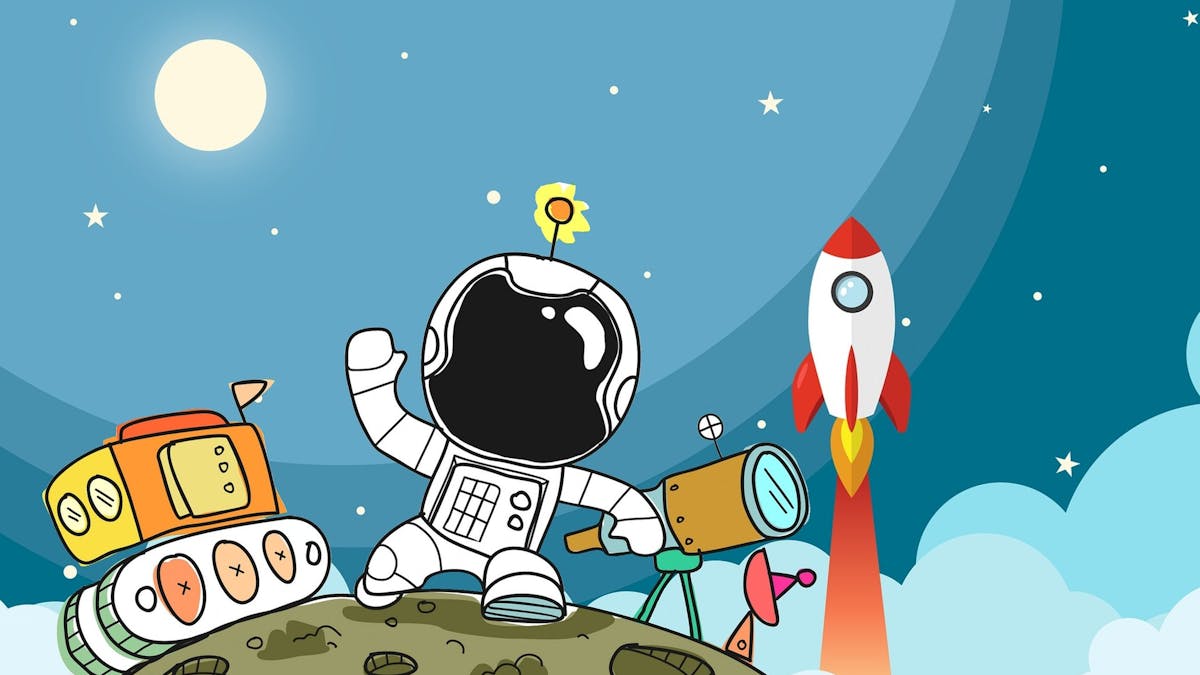 illustration d'un personnage sur la Lune dans l'espace avec sa combinaison d'astronaute