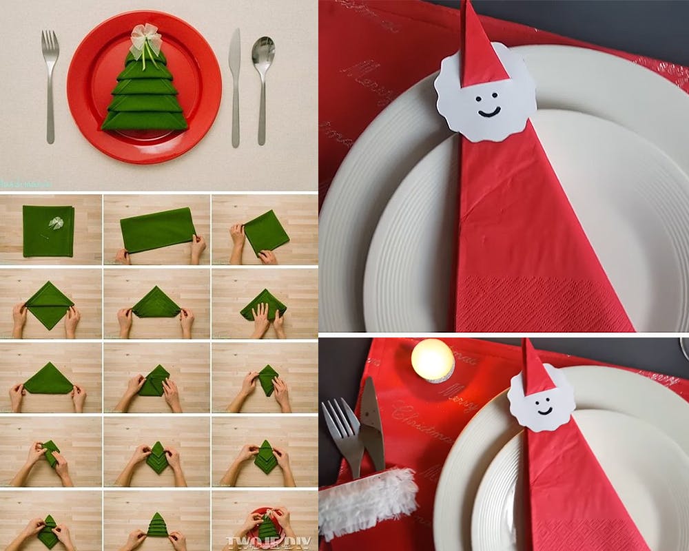 idées décorations Noël rapides simples faciles
        dernière minute serviettes Père-Noël et sapin de Noël
