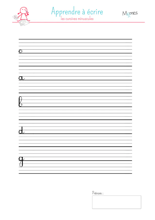 Modèle écriture cursive minuscules : o, a, d, g | MOMES