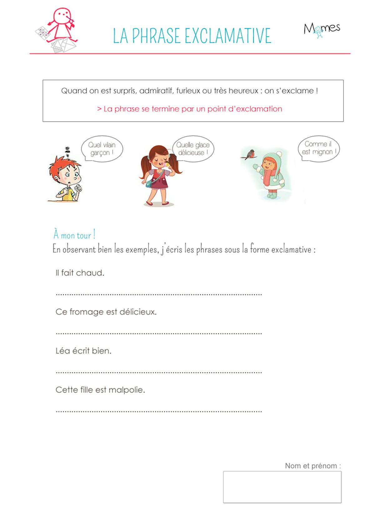Exercices Type Et Forme De Phrase Phrase exclamative : exercice de français | MOMES