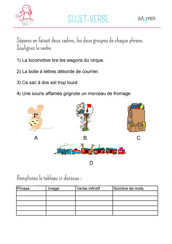 Sujet verbe Exercice CE1 MOMES Sujet verbe exercice ce1 momes