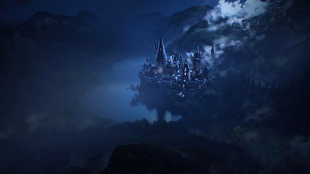 vue en contre plongée école des sorciers Poudlard jeu Hogwarts Legacy