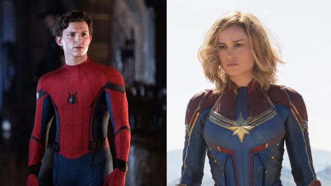 Tom Holland et Brie Larson en costumes de Spider-Man et Captain America