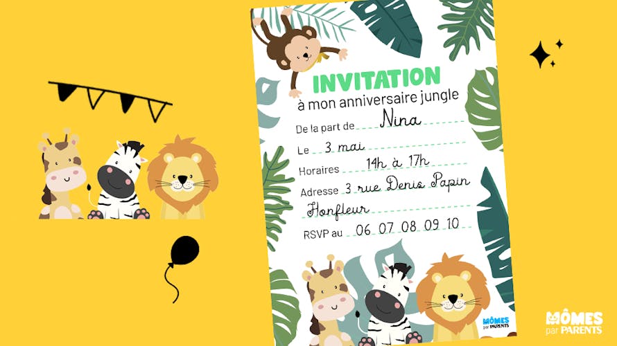 5 cartes d'invitation Jungle 5 enveloppes - animaux de la jungle  anniversaire - birthday - green