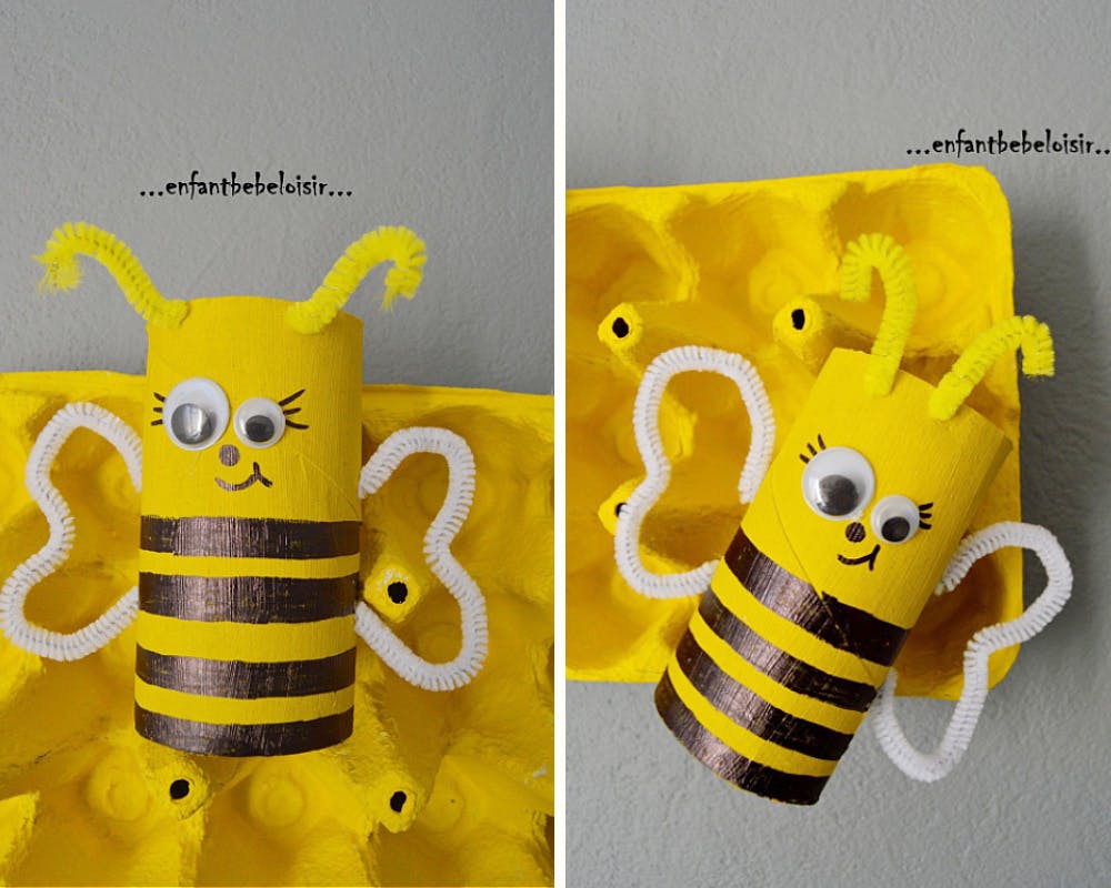 Une ruche fabriquée avec une boîte d'œufs et ses petites abeilles
