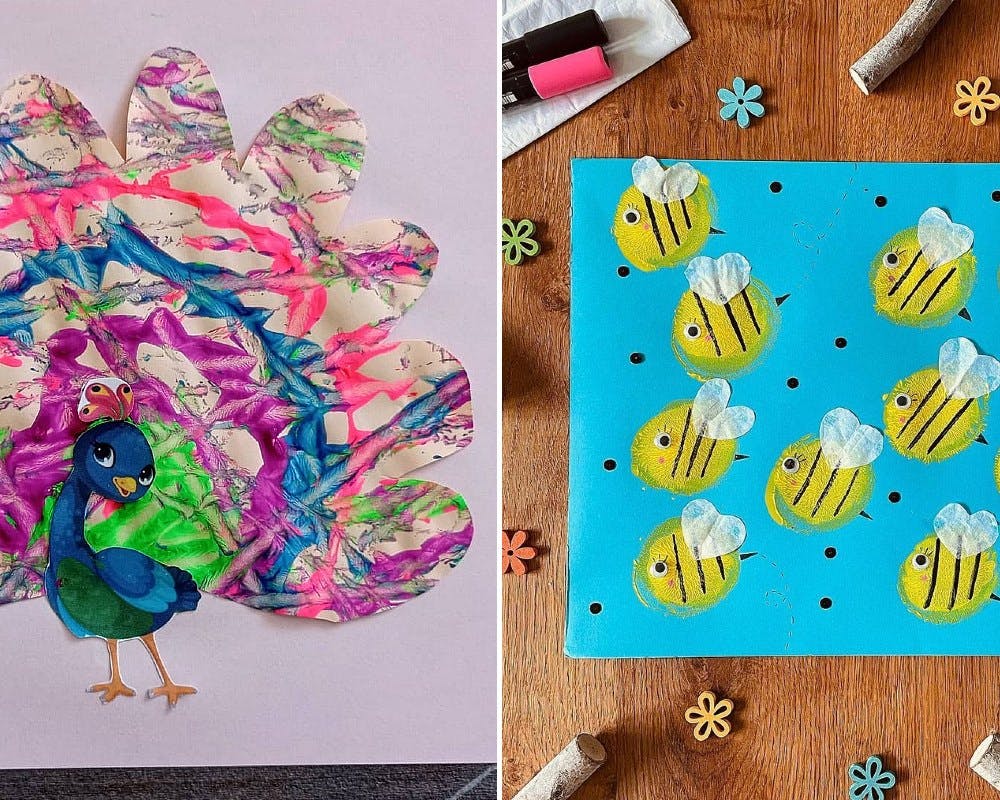 paon et abeille faits à partir de peinture appliquée pard es billes ou une balle