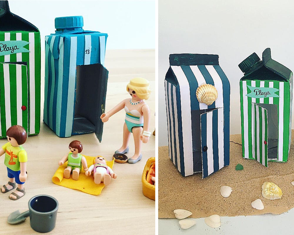 cabines de plage faites avec des mini briques en carton