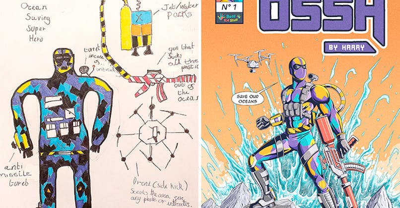 Super-héros dessinés par des enfants transformés en couverture de comics
