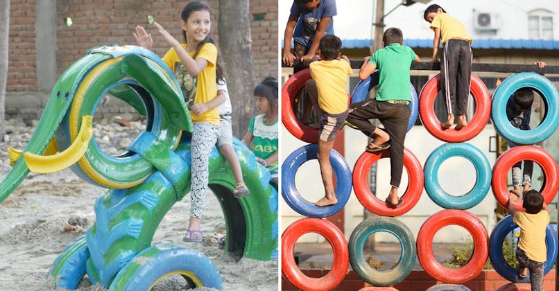 Des aires de jeux pour enfants avec des pneus recyclés par Anthill Creations en Inde
