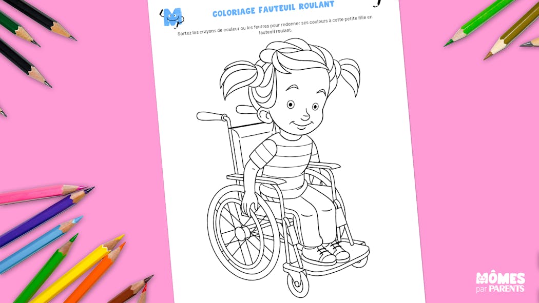 Coloriage enfant en fauteuil roulant