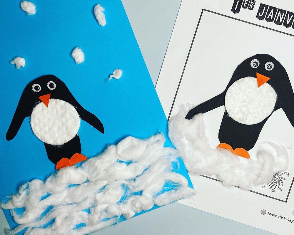 Des pingouins sur la banquise faits avec coton