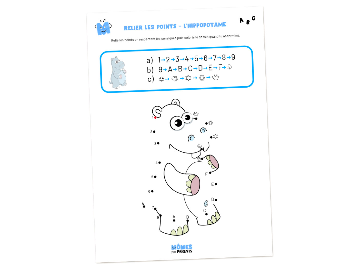 Jeu de points à relier hippopotame avec des chiffres, des lettres et
