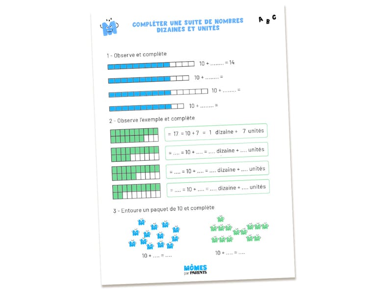 Fiche d'exercices "Compléter une suite de nombres - Dizaines et unités