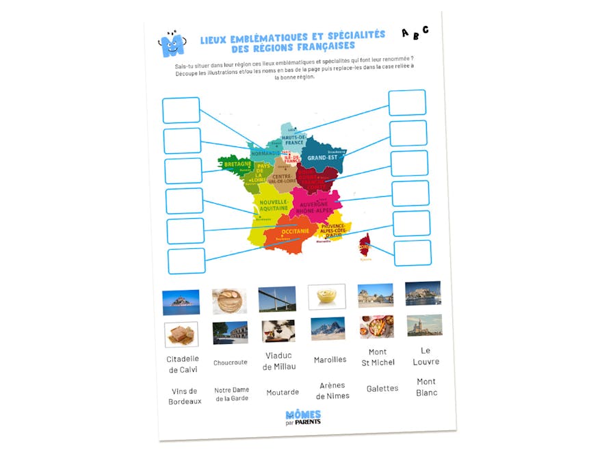 Fiche d'exercice à imprimer - Lieux emblématiques et spécialités des régions de France