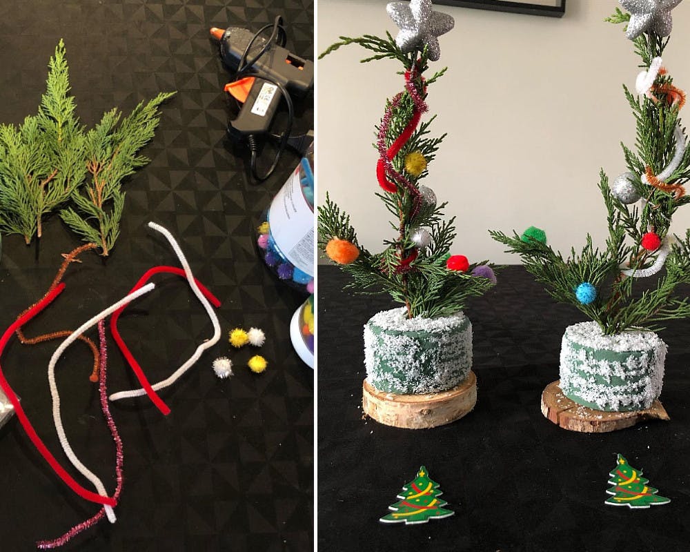 Des sapins de Noël confectionnés avec des branches de thuya