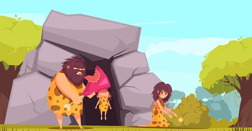 homme de la Préhistoire avec femme et enfant devant une grotte