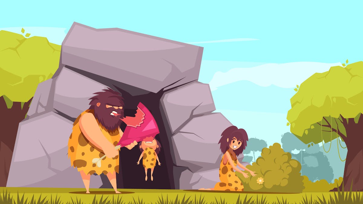 homme de la Préhistoire avec femme et enfant devant une grotte