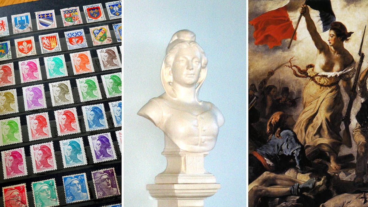 Marianne représentée sur des timbres, un buste, un tableau