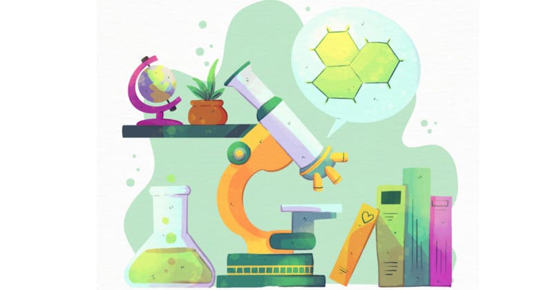 illustration pour la biologie, avec microscope, plante, etc.