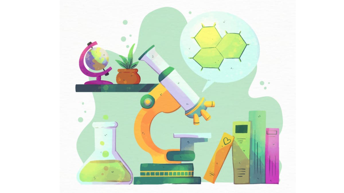 illustration pour la biologie, avec microscope, plante, etc.