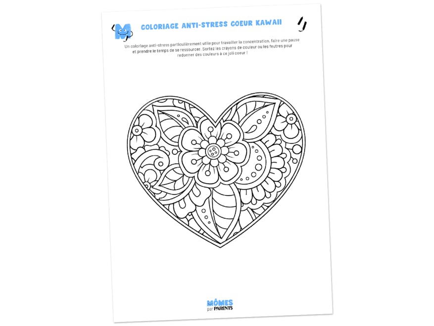 Coloriage de concentration anti-stress à imprimer - le coeur kawaii