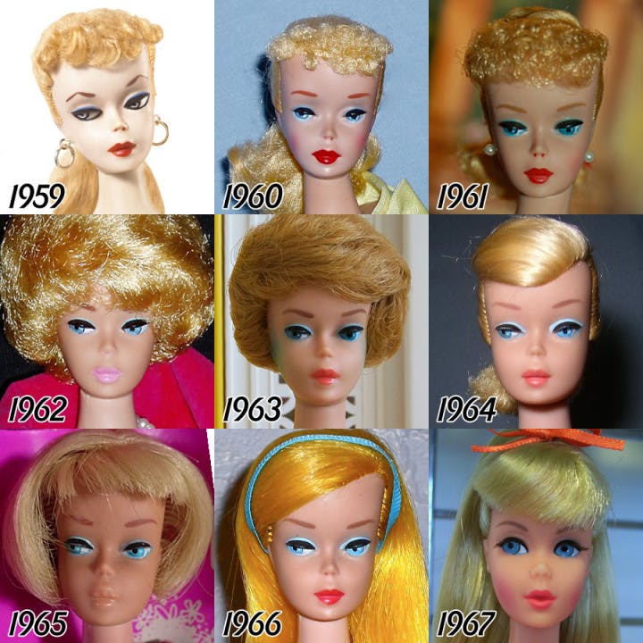 Barbie évolution du visage de la poupée de 1959 à 1967