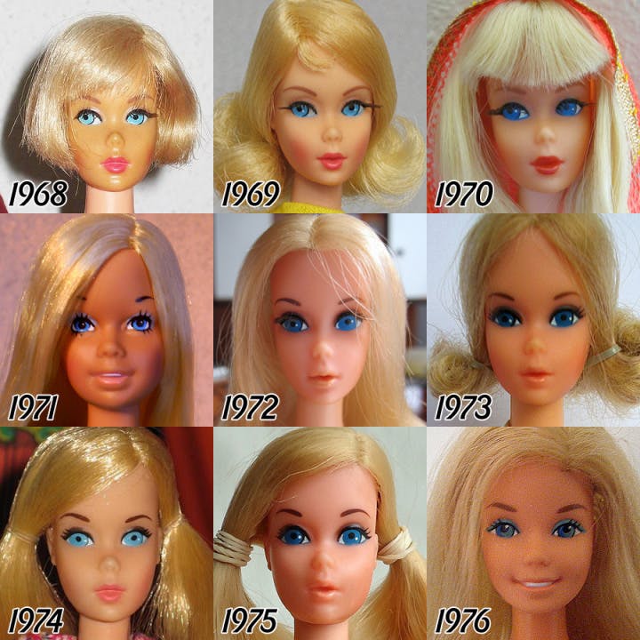 Barbie évolution du visage de la poupée de 1968 à 1976