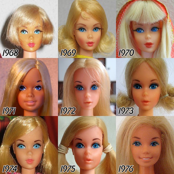 Barbie évolution du visage de la poupée de 1968 à 1976