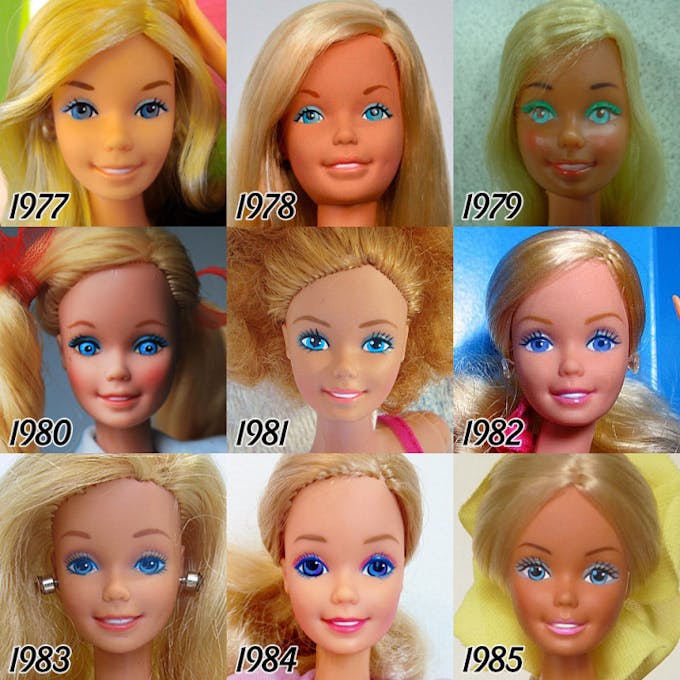 Barbie évolution du visage de la poupée de 1977 à 1985