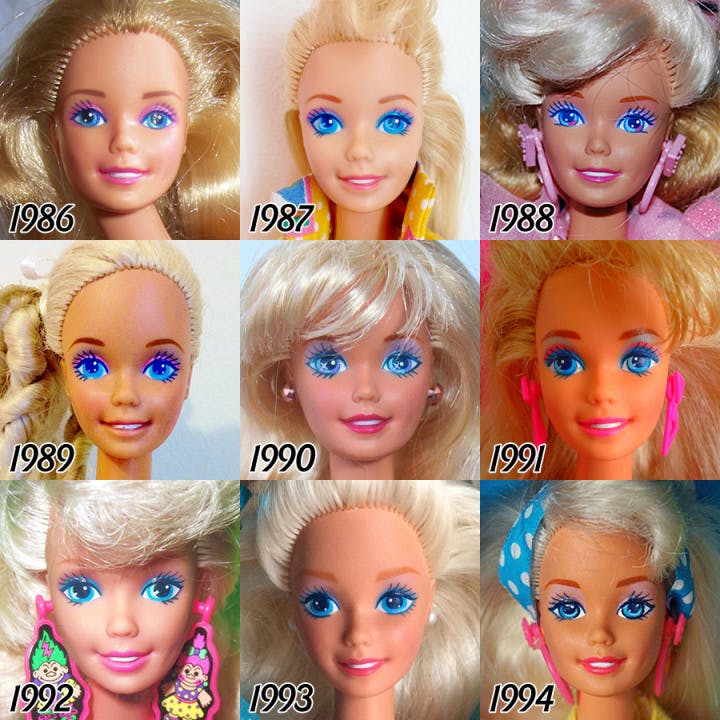 Barbie évolution du visage de la poupée de 1986 à 1994