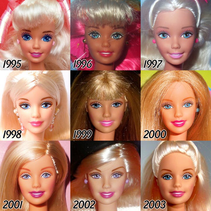 Barbie évolution du visage de la poupée de 1995 à 2003