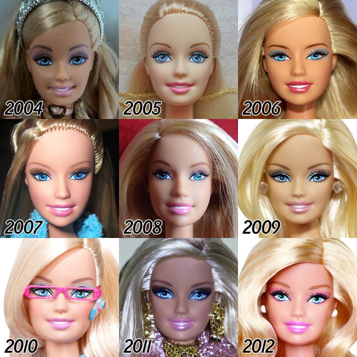 Barbie évolution du visage de la poupée de 2004 à 2012