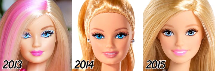 Barbie évolution du visage de la poupée de 2013 à 2015