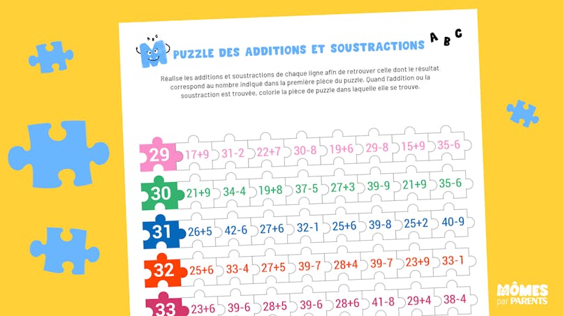 Fiche d'exercice puzzle additions soustractions