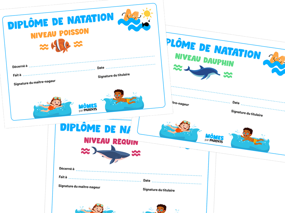 Diplômes de natation gratuits pour enfants : Poisson, Dauphin, Requin