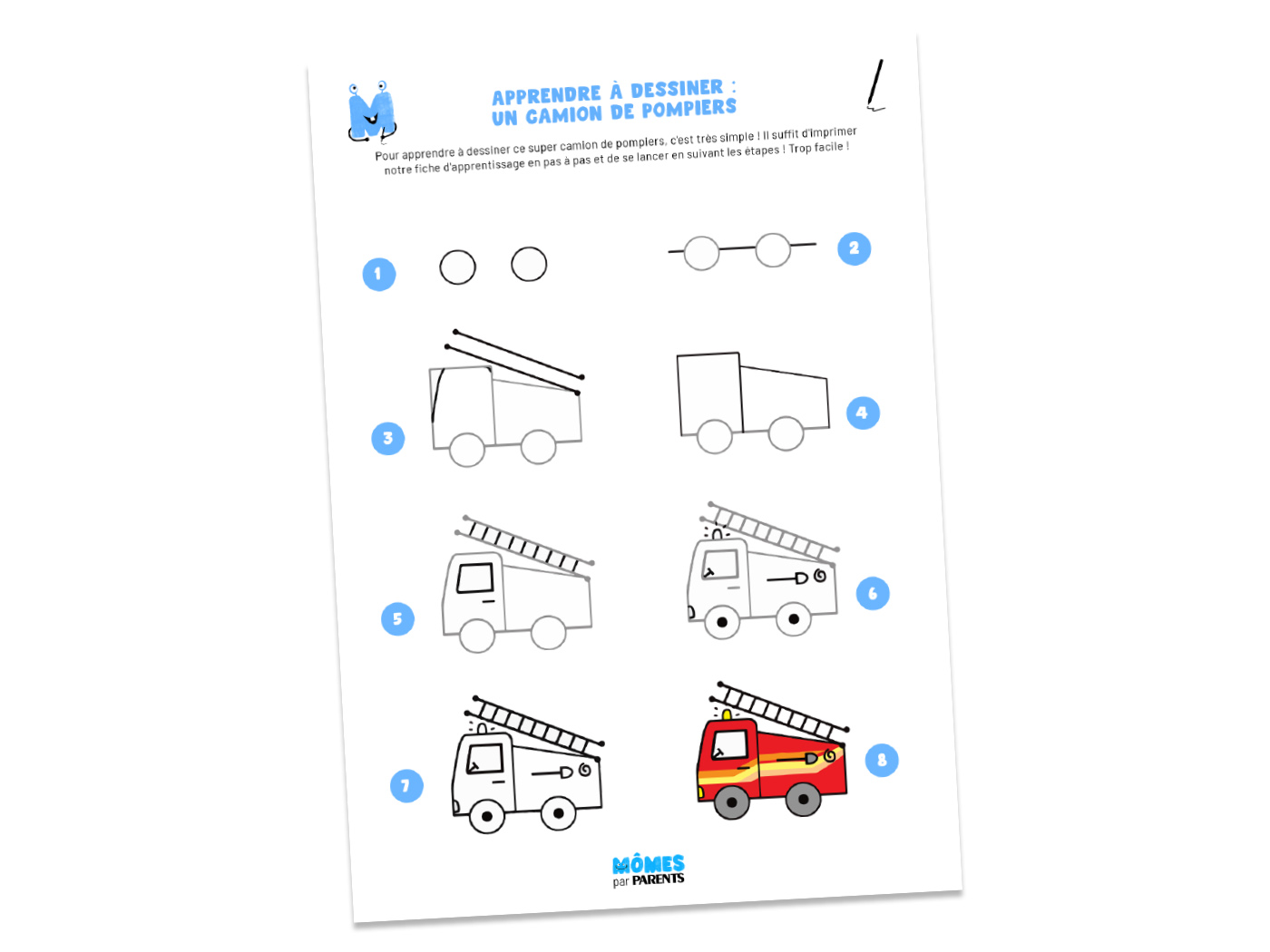 Apprendre à dessiner un camion de pompier en pas à pas | MOMES