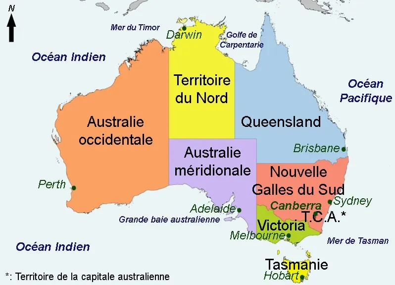 Carte : Les différents états et villes principales de l'Australie | MOMES